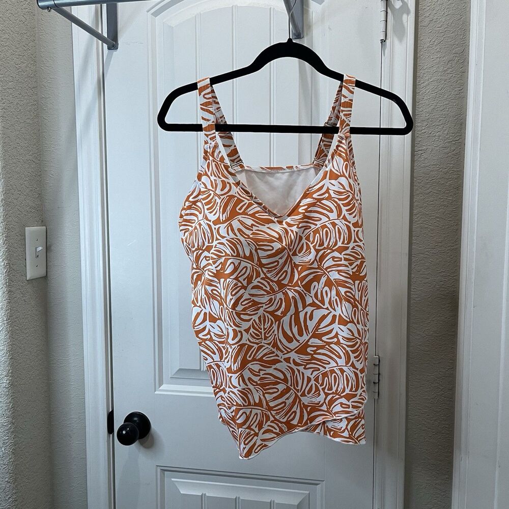 Lands End Woman's Swim Tankini Top Size 1X Built in Bra Orange White Floral NEW